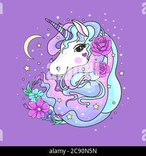 Weißes Einhorn mit Regenbogenmähe und Blumen auf violettem Hintergrund. Fantasie, mystisches Tier. Für die Gestaltung von Drucken, Plakaten, Sticker., Postkarte Stock Vektor