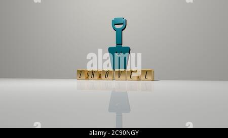 3D-Illustration von Schaufel Grafiken und Text von metallischen Würfel Buchstaben für die damit verbundenen Bedeutungen des Konzepts und Präsentationen gemacht. Hintergrund und Garten Stockfoto