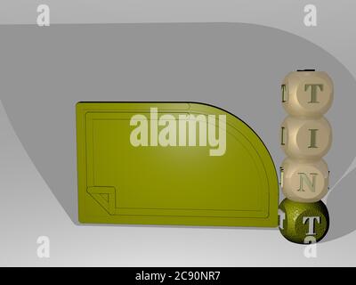 3D-Darstellung von Tönung mit Symbol an der Wand und Text angeordnet durch metallische kubische Buchstaben auf einem Spiegelboden für Konzept Bedeutung und Diashow-Präsentation. Hintergrund und abstrakt Stockfoto