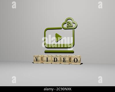3D-Grafik-Bild von Video vertikal zusammen mit Text von metallischen kubischen Buchstaben aus der oberen Perspektive gebaut, ausgezeichnet für das Konzept Präsentation und Diashows. Illustration und Hintergrund Stockfoto