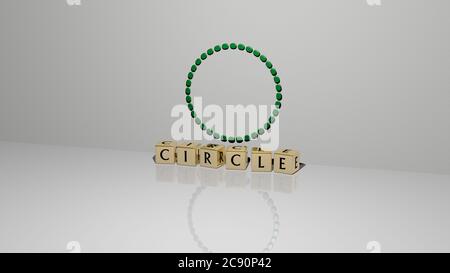 3D-Illustration von Kreis Grafiken und Text von metallischen Würfel Buchstaben für die damit verbundenen Bedeutungen des Konzepts und Präsentationen. Hintergrund und Abstract Stockfoto