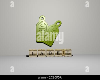 3D-Illustration von Etikettengrafiken und Text aus metallischen Würfelbuchstaben für die damit verbundenen Bedeutungen des Konzepts und der Präsentationen. Design und Hintergrund Stockfoto