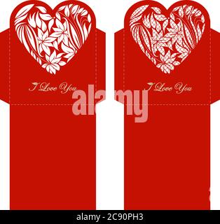 Briefumschlagvorlage aus Papierspitze. Hochzeitseinladungsumschlag Modell für Laserschneiden. Vektorgrafik Stock Vektor