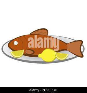 Gebratener Fisch auf einer Platte mit Zitronen isoliert auf weißem Hintergrund. Stock Vektor