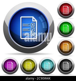 Fragebogen Dokumentsymbole in runden glänzenden Knöpfen mit Stahlrahmen Stock Vektor