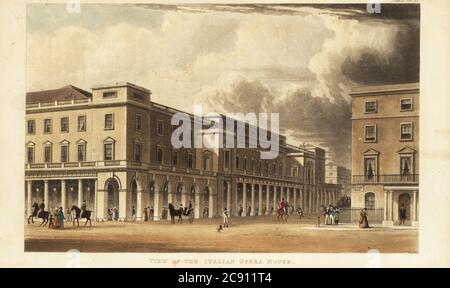 Blick auf das von Michael Novosielski entworfene italienische Opernhaus, Ecke Charles II Street und Haymarket, London. 1822. In der Kolonnade vor dem Hotel spazieren modische Menschen, und Trainer und Fahrer fahren auf der Straße vorbei. AKA The King’s Theatre, Queen’s Theatre, jetzt her Majesty’s Theatre. Handkolorierter Kupferstich aus Rudolph Ackermanns Repository of Arts, Literature, Moden, Manufactures, etc., Strand, London, 1822. Stockfoto