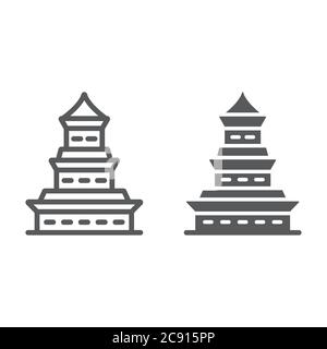 Pagodenlinie und Glyphen-Ikone, japan und Architektur, japanisches Bauzeichen, Vektorgrafiken, ein lineares Muster auf weißem Hintergrund. Stock Vektor