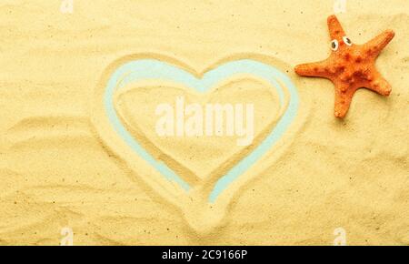Sommer, Urlaub am Strand am Meer Hintergrund. Meer und Muscheln auf dem Sand des Strandes bei sonnigem Sommerwetter. Meer, Meer und Entspannung Stockfoto