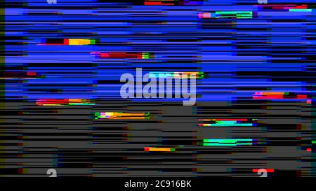 Horizontale Verzerrung des gebrochenen Videobildes auf schwarzem Hintergrund, VHS-Effekt, digitales Farbpixelrauschen. Stock abstrakt Pixel Hintergrund Glitch Stockfoto