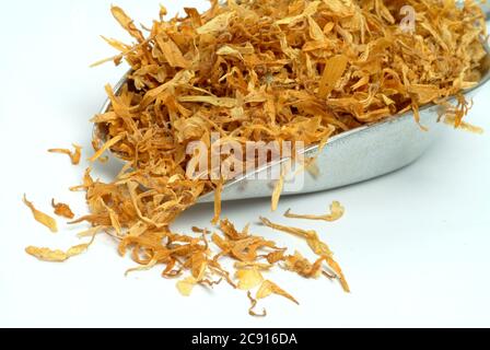 Getrocknete Blüten von Calendula, Calendula officinalis. Pharmazeutisch werden die getrockneten Blütenköpfe verwendet. Das Arzneimittel reduziert Entzündungen und Stockfoto