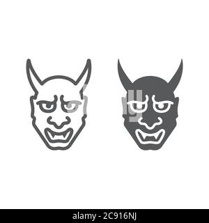 Hannya Linie und Glyphe Symbol, Asian und Dämon, japanische Maske Zeichen, Vektorgrafik, ein lineares Muster auf weißem Hintergrund. Stock Vektor