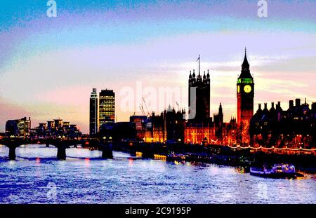 Der Palace of Westminster in London, die Heimat des britischen Parlaments, sticht auf diesem posterisierten Foto hervor, das an einem Wintertag aufgenommen wurde Stockfoto