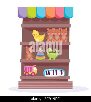 Bären Ente LKW Klavier Spielzeug Objekt für kleine Kinder zu Cartoon auf Holz Regal Shop Vektor Illustration Vektor Illustration spielen Stock Vektor