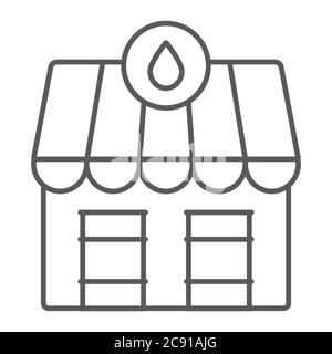 Ölstation Markt dünne Linie Symbol, Kraftstoff und Architektur, Ölmarkt Gebäude Zeichen, Vektorgrafiken, ein lineares Muster auf einem weißen Hintergrund. Stock Vektor