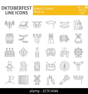 Oktoberfest dünne Linie Icon-Set, bayerische Urlaub Symbole Sammlung, Vektor-Skizzen, Logo Illustrationen, Bier Zeichen lineare Piktogramme Paket Stock Vektor