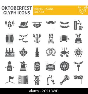 Oktoberfest Glyphe Icon Set, bayerische Urlaubssymbole Kollektion, Vektorskizzen, Logo Illustrationen, Bier Zeichen solide Piktogramme Paket isoliert auf Stock Vektor