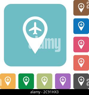 Flughafen GPS-Karte Position weiße flache Symbole auf Farbe abgerundeten quadratischen Hintergründen Stock Vektor