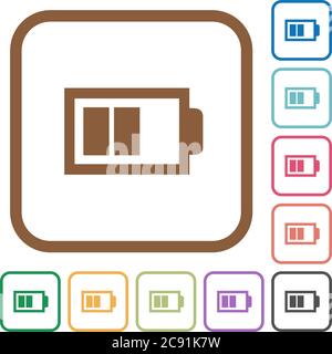 Halbe Batterie mit zwei Ladeeinheiten. Einfache Symbole in farbigen abgerundeten quadratischen Rahmen auf weißem Hintergrund Stock Vektor