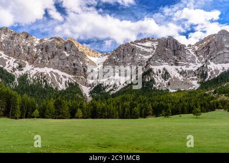 Schnee über den Bergen im Prat de Cadí (Naturpark Cadi-Moixero, Katalonien, Spanien) Stockfoto