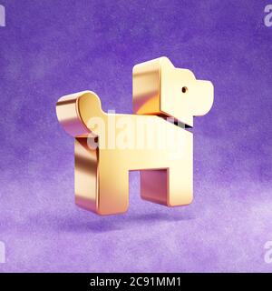 Hundesymbol. Gold glänzend Dog Symbol isoliert auf violettem Samt Hintergrund. Modernes Icon für Website, Social Media, Präsentation, Design Template Element. 3D-Rendering. Stockfoto