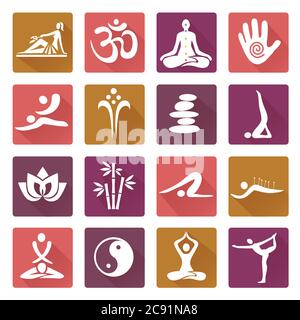 Spa-Massage´Yoga-Ikonen mit langem Schatten. Set von bunten Web-Icons mit gesunden Lebensstil Symbole.isoliert auf weißem Hintergrund. Vektor verfügbar. Stock Vektor