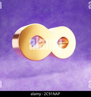 Infinity-Symbol. Gold glänzend Infinity-Symbol isoliert auf violettem Samt Hintergrund. Modernes Icon für Website, Social Media, Präsentation, Design Template Element. 3D-Rendering. Stockfoto