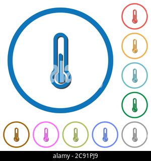 Thermometer flache Farbvektorsymbole mit Schatten in runden Umrissen auf weißem Hintergrund Stock Vektor