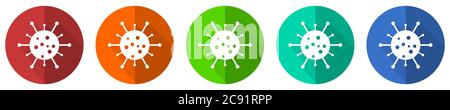 Virus Icon Set, Coronavirus, covid-19, Infektion, rot, blau, grün und orange flaches Design Web-Tasten isoliert auf weißem Hintergrund, Vektor illustratio Stock Vektor