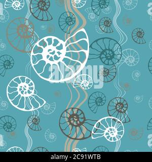 Nahtloses blaues Meeresmuster fossiler Ammonit nautilus Muschelvektor. Handgezeichnete Illustration für Spa Salon, Meeresfrüchte-Café, Restaurant, Unternehmen Stock Vektor