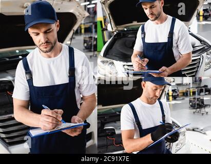 Collage von schönen Mechanik in Uniform schriftlich, während die Klemmbretter in der Nähe von Autos Stockfoto
