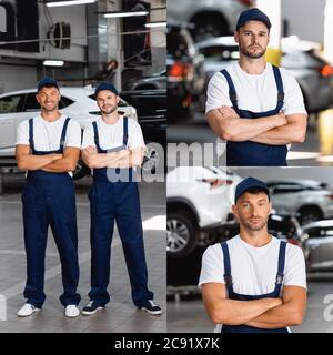 Collage von glücklichen Mechanikern in Uniform stehend mit gekreuzten Armen im Autodienst Stockfoto