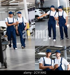 Collage von schönen Mechaniker in Uniform Blick auf digitale Tablet, Gehen und zeigen mit dem Finger in der Nähe Mitarbeiter im Autoservice Stockfoto