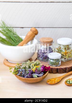 Viele verschiedene trockene pflanzliche Heilmittel Pflanzen ( Chamaenerion angustifolium, Achillea millefolium, Tilia platyphyllos, Prunella vulgaris, Equisetum arvense. Stockfoto