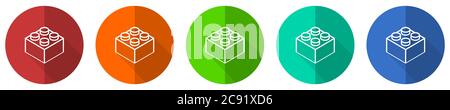 Spielzeug Ziegel Icon Set, rot, blau, grün und orange flaches Design Web-Tasten isoliert auf weißem Hintergrund, Vektor-Illustration Stock Vektor