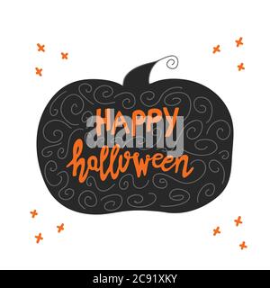 Frohe Halloween. Handgeschriebener orangefarbener Schriftzug in schwarzer Kürbis-Silhouette mit Doodle Spirale und Kreuzelementen. Isoliert auf weißem Hintergrund Stock Vektor