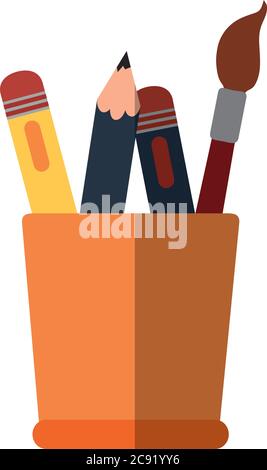 Schule Bildung Pinsel Stift Bleistift liefert in einer Tasse flache Symbol mit Schatten Vektor Illustration Stock Vektor