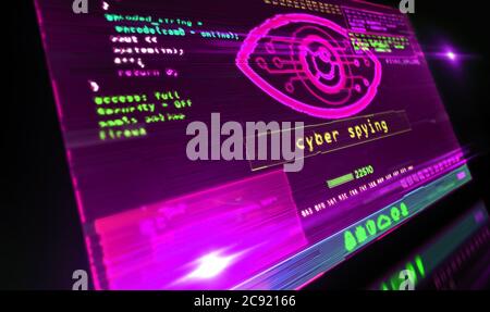 Cyber-Spionageauge-Symbol auf dem Computerbildschirm. Hacking, Kontrolle, Überwachung, Überwachung, digitale Invigilation und Verletzung der Privatsphäre Konzept 3d illustrat Stockfoto