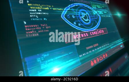 Cyber-Spionageauge-Symbol auf dem Computerbildschirm. Hacking, Kontrolle, Überwachung, Überwachung, digitale Invigilation und Verletzung der Privatsphäre Konzept 3d illustrat Stockfoto