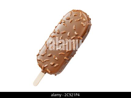 Eiscreme aus brauner Schokolade mit Nüssen auf weißem Hintergrund. Isoliert. Erfrischend Sommer süß. Realistische 3D-Illustration Stockfoto