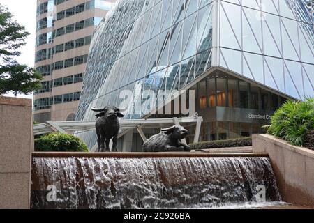 Bullen außerhalb der Börse von Hongkong, auf dem Exchange Square in Central, Hongkong. Statue des Wasserbüffels von der englischen Bildhauerin Elisabeth Frink Stockfoto