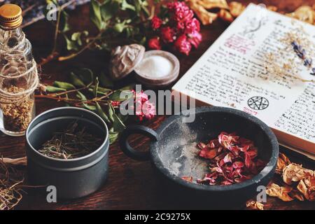 Wiccan Hexenaltar mit einem offenen Buch der Schatten mit Hand geschrieben Zauber in ihm, bereit für Zauberspruch Casting. Grimoire Seite mit Symbolen und Zeichnungen Stockfoto