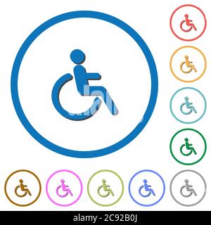 Flache Farbevektorsymbole mit Schatten in runden Umrissen auf weißem Hintergrund Stock Vektor