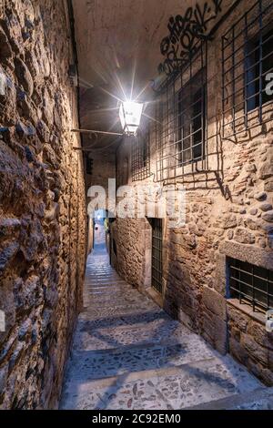 Jüdisches Viertel in der Stadt Girona, Steintreppen, Gassen in der Altstadt von Girona, Cataluña, Gerona, Katalonien, Spanien Stockfoto