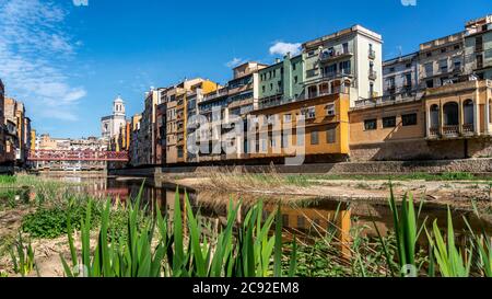 Bunte Häuser am Ufer des Onyar in Girona, Spanien bunten Häuser am Fluß Onyar, Girona, Katalonien, Spanien Stockfoto