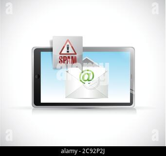 Tablet Spam E-Mail-Umschlag Illustration Design auf weißem Hintergrund Stock Vektor