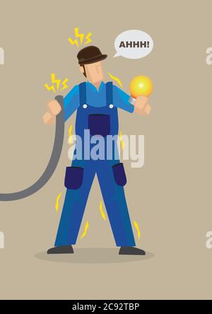 Elektriker hält Draht und Glühbirne immer elektrokutiert. Vektor Cartoon-Charakter auf Arbeitssicherheit Konzept isoliert auf einfachem Hintergrund. Stock Vektor