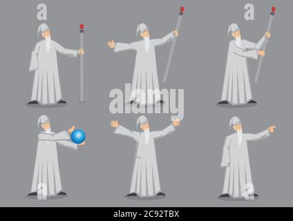 Set von sechs Vektor-Cartoon-Charakter des Zauberers mit langen weißen Bart tragen lange Robe und spitzen Hut mit Requisiten wie magische Stab und Kristallkugel Stock Vektor