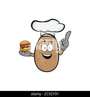 Kartoffel-Cartoon-Figur mit einem Burger und einem Kochhut auf weißem Hintergrund. Designvorlage Vektor Stock Vektor