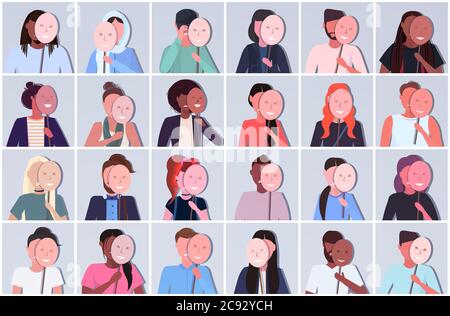 Set Mix Rennen Menschen halten positive Masken Männer Frauen Gruppe Abdeckung Gesicht Emotionen hinter Masken gefälschte Gefühl Depression psychische Störung Konzept Avatare Sammlung Porträt horizontale Vektor Illustration Stock Vektor