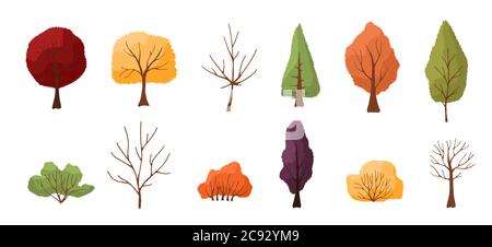 Set von bunten Herbstbäumen und Sträuchern. Isoliert auf weißem Hintergrund. Einfaches Design. Vektorgrafik in flacher Form. Stock Vektor